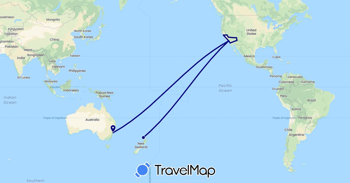 TravelMap itinerary: driving in Australia, New Zealand, United States (North America, Oceania)