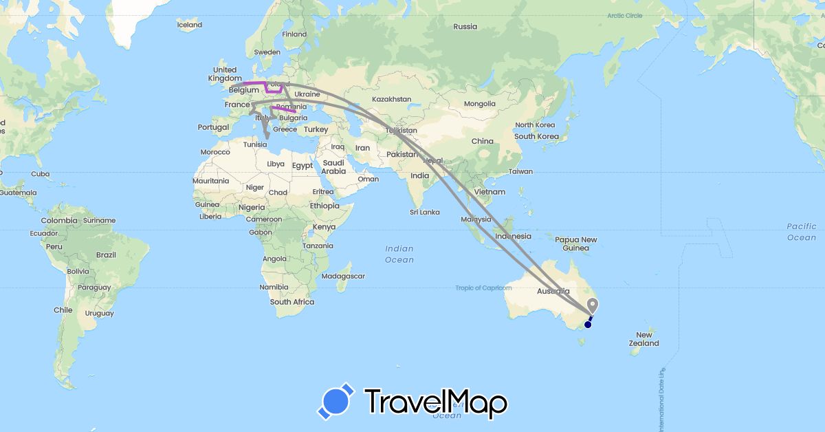 TravelMap itinerary: driving, plane, train in Australia, Switzerland, Czech Republic, Germany, France, United Kingdom, Croatia, Italy, Malta, Netherlands, Poland, Romania, Singapore (Asia, Europe, Oceania)